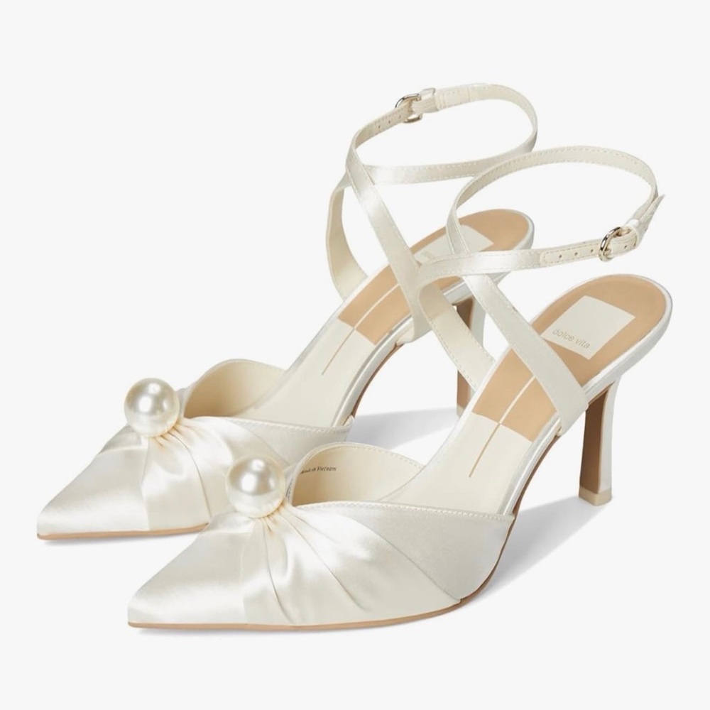 Dolce Vita Cream Satin Heels with Pearl Accent